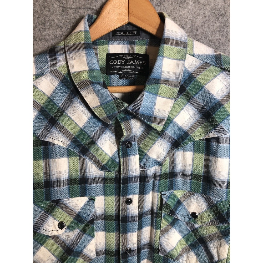 Cody James Shirt Mens 2XL Blue Plaid Yoke Flannel Workwear Western Rodeo Cowboy